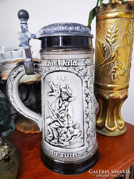 Antique hunter scene faience beer mug