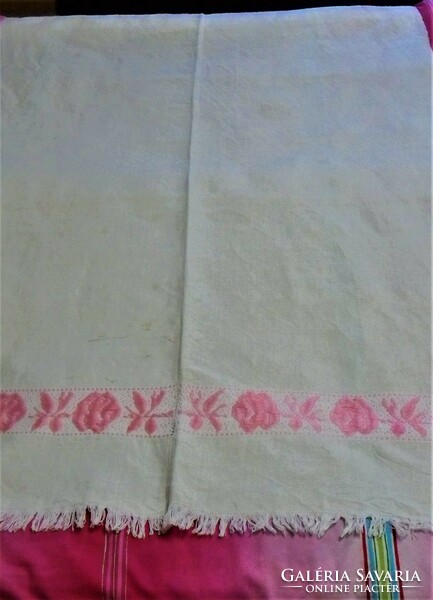 168 X 104 cm old folk woven linen tablecloth embroidered with pink roses.