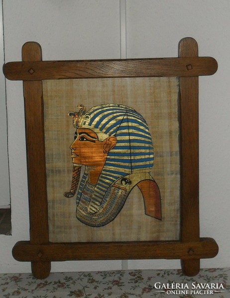 Üvegezett Egyiptomi papirusz falikép, széles vastag fa keretben.  50.5 X 58 X 2 cm.