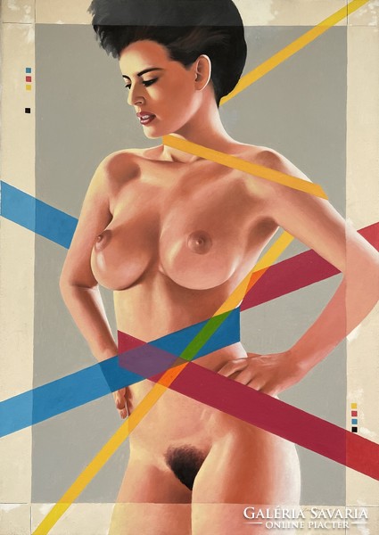 János Jantner, ensnared - female nude c. Artwork, acrylic, canvas, 70x50 cm, without frame