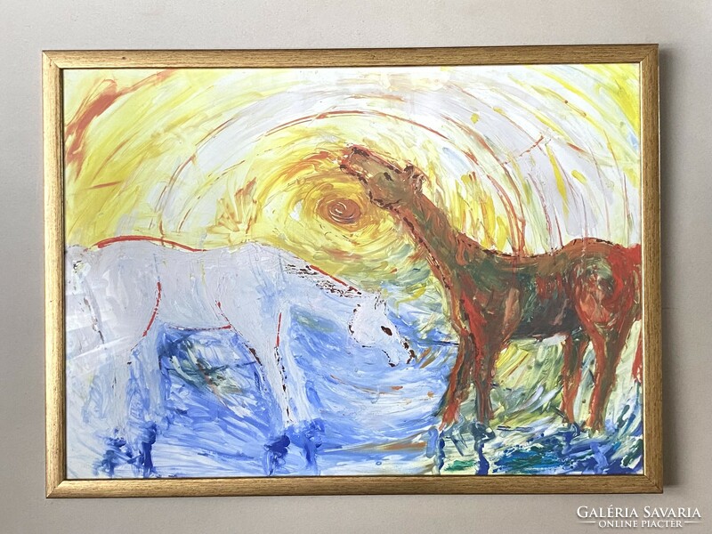 Horses in the sunlight modern painting in frame 70 x 50 cm