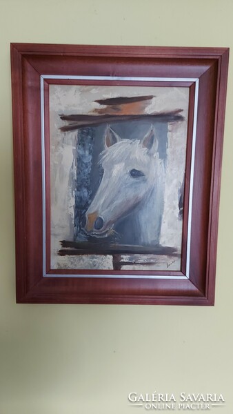 Oil painting of lute pearl. Horse head. 30×40