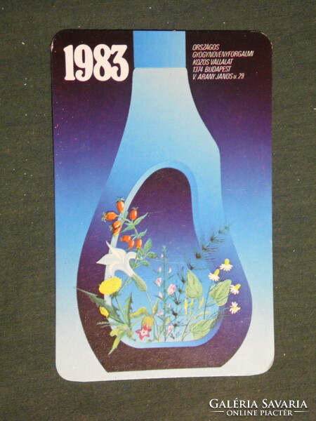 Kártyanaptár, Herbária gyógynövény forgalmi vállalat, Budapest, grafikai rajzos, virág,1983,   (3)