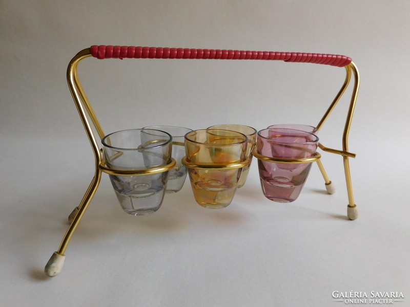 Retro színes kupicák állványon - 6 darabos röviditalos pohárkészlet