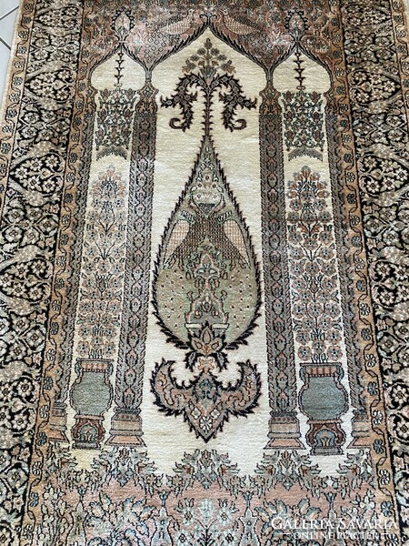 Hand-knotted tree of life silk carpet 125x210