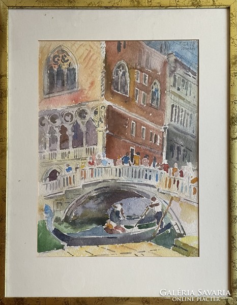 József Pituk on Victoria, Venice, Doge's Palace with gondola, watercolor, 35x47 cm + frame, under glass