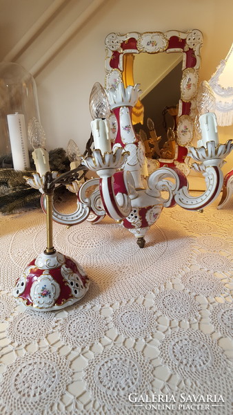 Lindner porcelain chandelier, table lamp, mirror, clock set