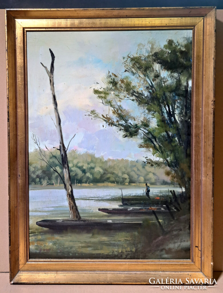 Zoltán Hornyik: Ladik from the Tisza (oil painting in a frame) contemporary painter, Debrecen