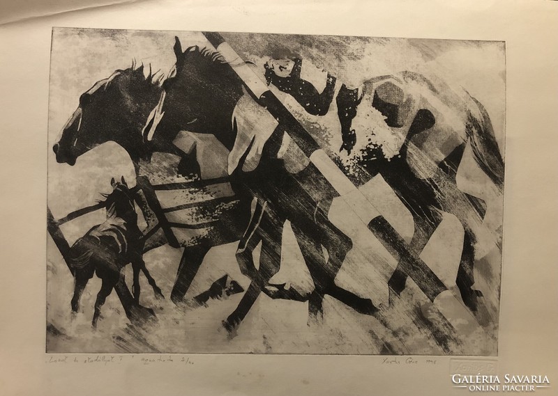 Xantus gauze, horses and obstacles i., aquatint, 24.5 x 34.5 cm