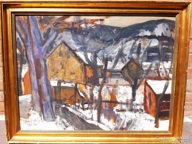 Szaniszló Dombrovszky (1928-2004) snowy village, gallery painting