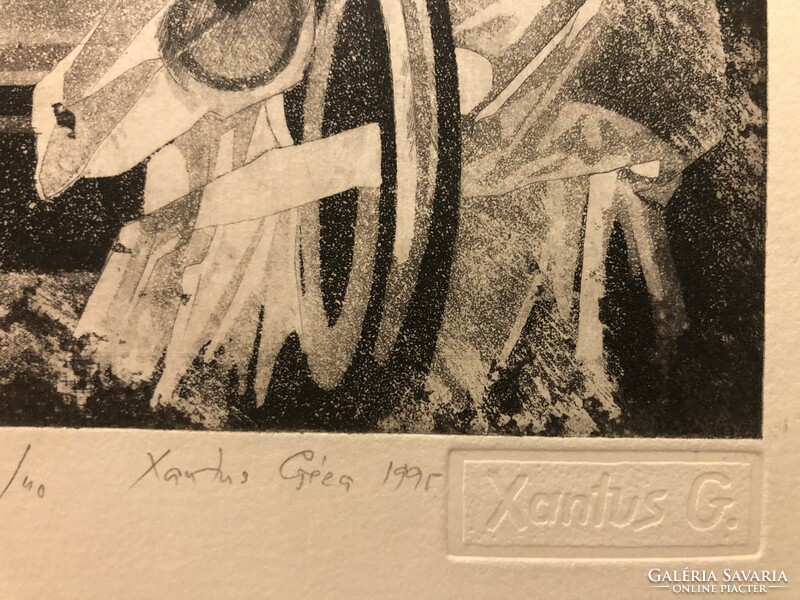 Xantus gauze, travel by car, aquatint, 34.5 x 17.5 cm
