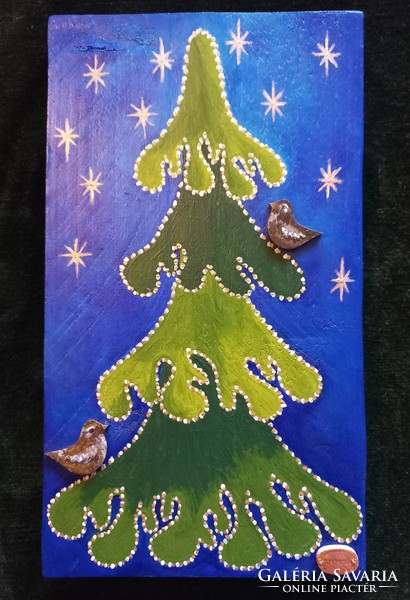 Kézműves fenyőfa rátétekkel, karácsonyi falikép, ajtódísz, akár támasztható dísz, újrahasznosított f