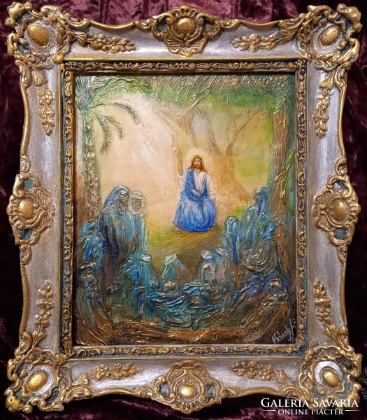 Jézus prédikál.34x28cm Prima díjas művész alkotása antik keretben.Károlyfi Zsófia (1952).