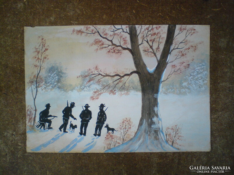 Winter picture - hunting watercolor i.e. watercolor small painting (very old)