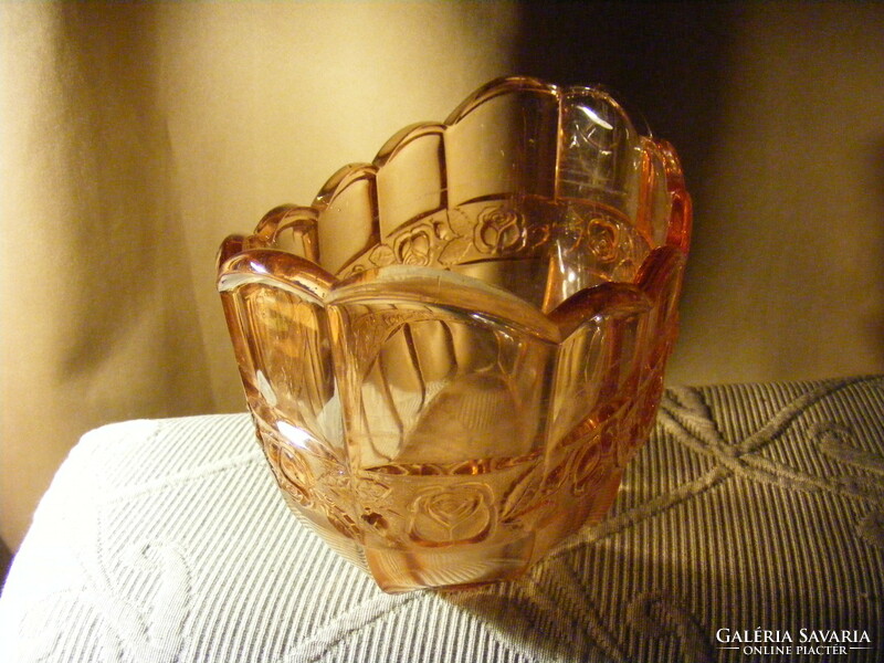 Pink glass serving bowl with a rose pattern