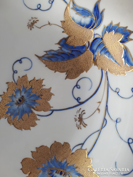 Kézzel festett Ilmenau porcelán kínáló tál, kék-arany színű