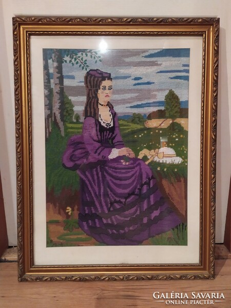 Hatalmas lila ruhás nő goblein gobelin keretben 56x74cm