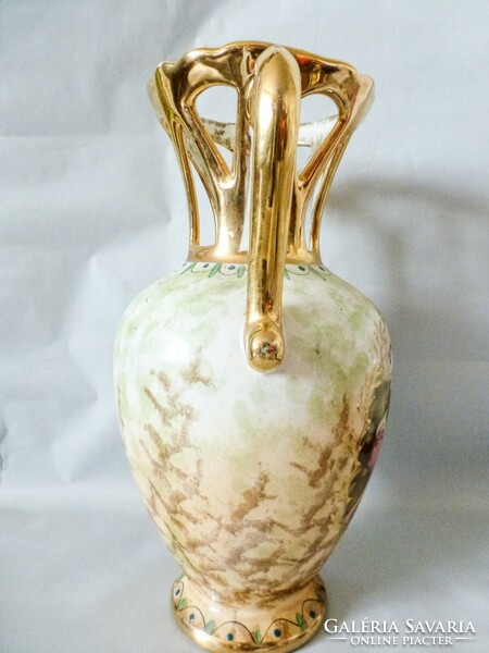Antique sarreguemines depose French majolica, gilded, openwork baroque goblet vase. Beautiful!