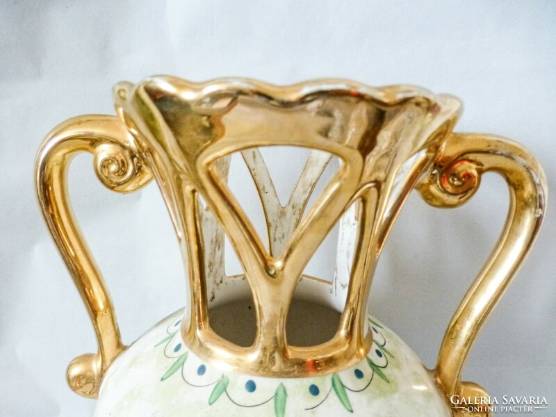 Antique sarreguemines depose French majolica, gilded, openwork baroque goblet vase. Beautiful!