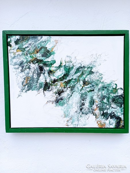 Zöld folyó - kézzel festett akril festmény, keretezve, 44x54 cm