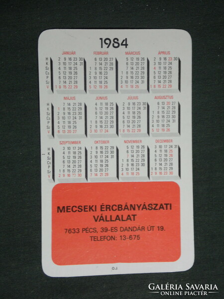 Kártyanaptár, Mecseki ércbányász vállalat, újság, Pécs, bánya rakodógép, 1984,   (3)