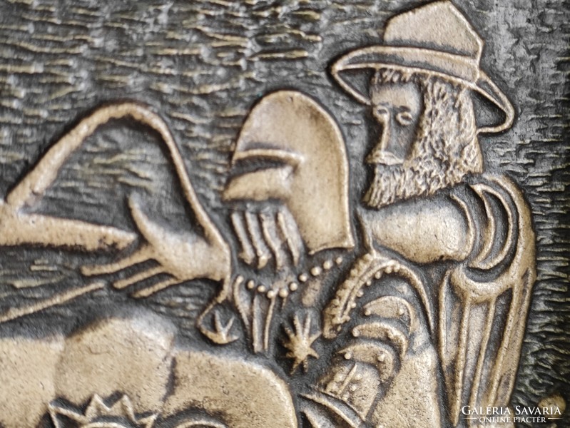 Lengyel réz/bronz ötvözet falikép páncélos lovagok karddal íjjal koronás sas díszítette pajzzsal