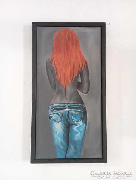 Titokzatos lány - késszel festett akril festmény, 70x40 cm, bekeretezve