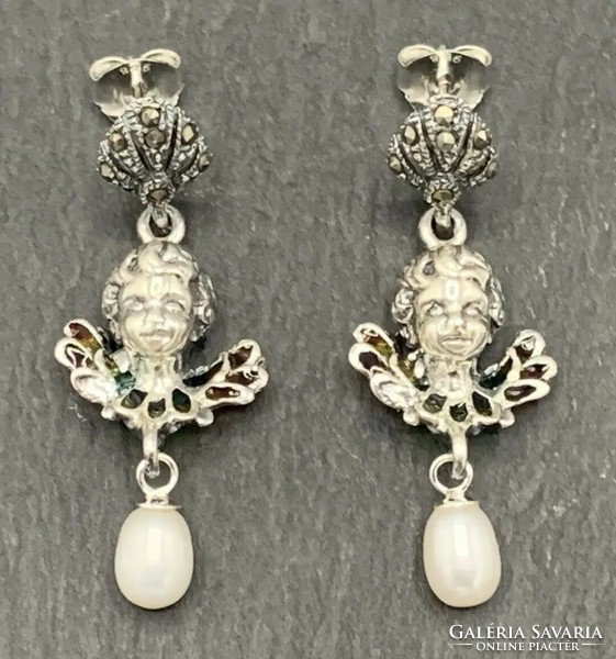 Különleges angyalkás ezüst fülbevaló és tűzzománccal és markazittal /925/ --új