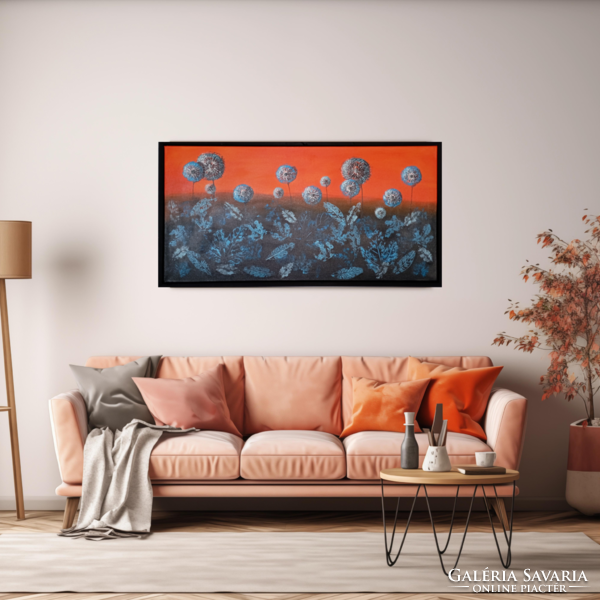 Dandelions in the sunset - original large acrylic painting on canvas, framed - 60x120 cm