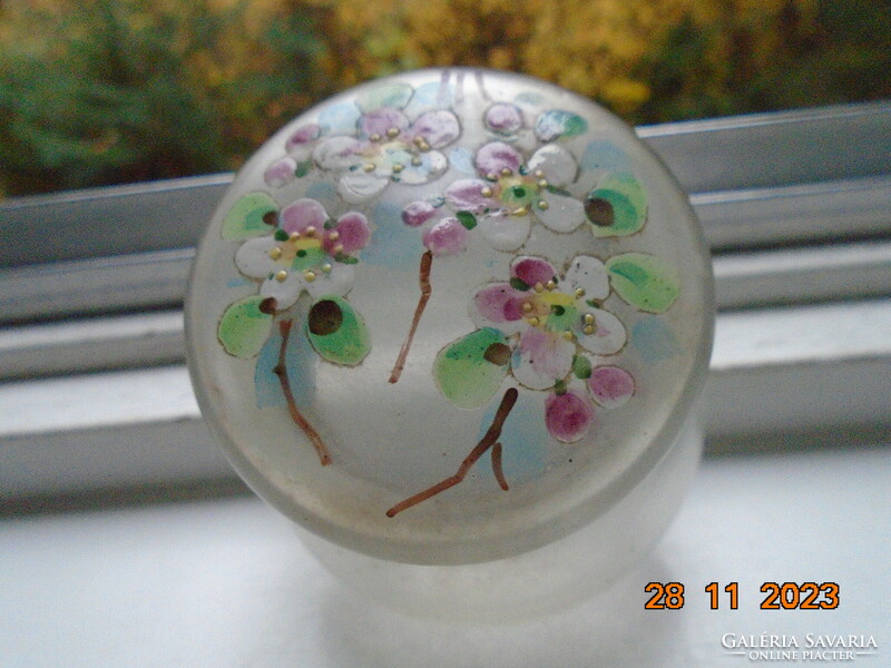 Antique hand-painted colored enamel with flowers, ormolu fixture, opal glass trinket holder