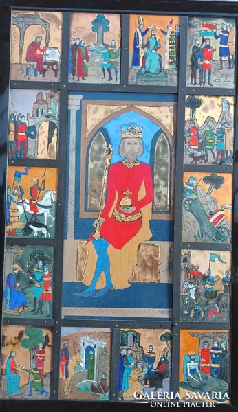 Somogyi Gábor tűzzománc táblakép - Szent István király - 1 nagy + 14 kis tűzzománc kép