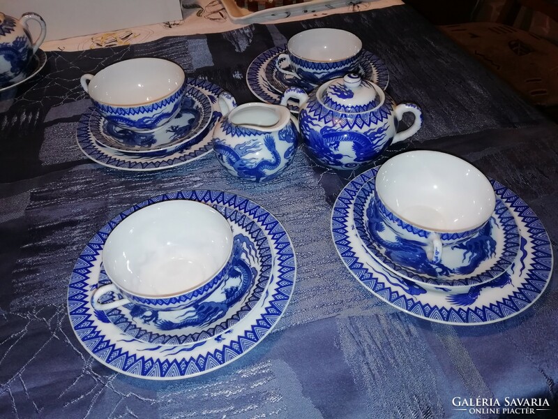 Japán, kék sárkányos tojáshéj porcelán teáskészlet darabjai