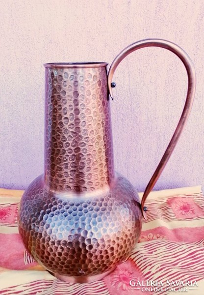 Red copper floor vase with hammered lugs. A unique rarity.