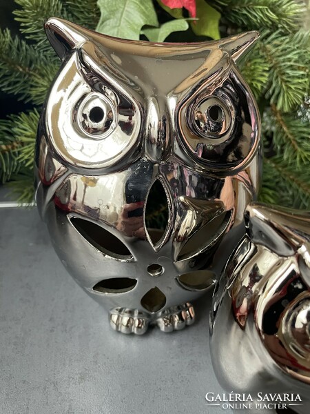 Two large, silver-colored ceramic owl candle holders - modern decoration