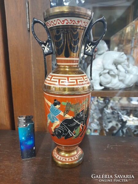 Hand-painted copper vase with Greek scene. Marked. 23 Cm.