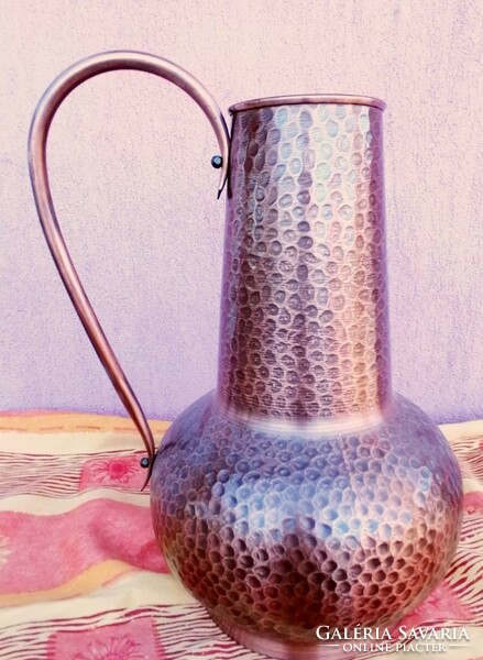 Red copper floor vase with hammered lugs. A unique rarity.