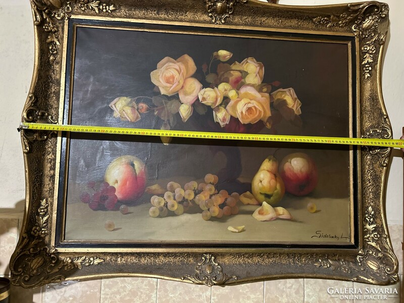 Lajos Sidelszki 20, from the first half of the century, oil on canvas, rosy still life, for sale from a legacy