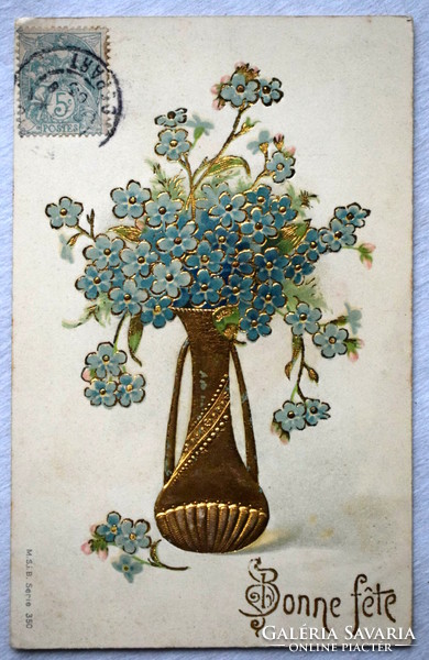 Antik dombornyomott   üdvözlő képeslap - nefelejcs arany vázában