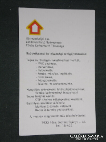 Kártyanaptár, Pécs Újmecsekaljai 1.sz lakásfenntartó szövetkezet,1987,   (3)