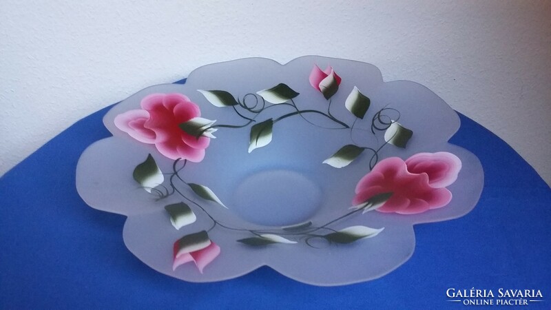 Large flower-shaped opal painted glass bowl with a rose pattern