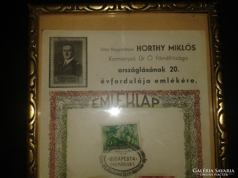 Horthy Miklós országlásának 20. évfordulója emlékére kiadót emléklap, korabeli keretezés március 1.