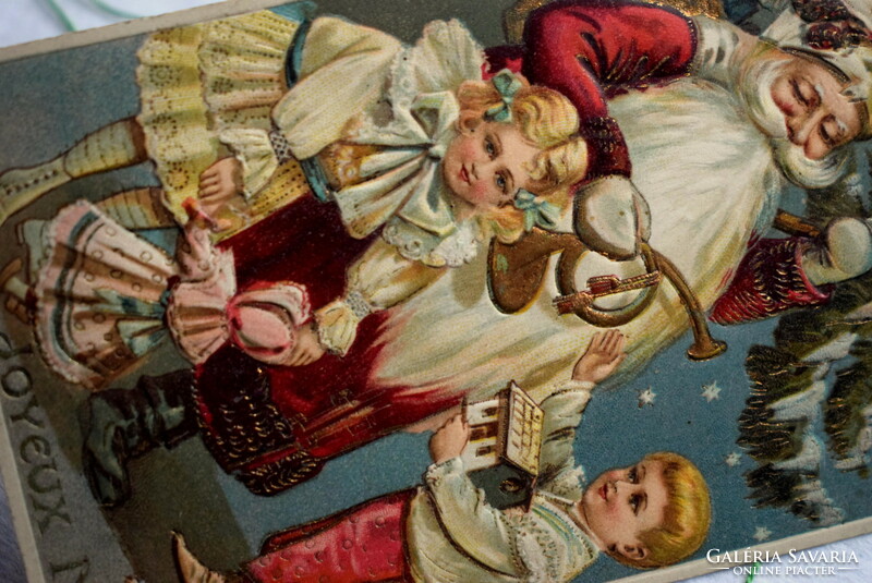 Antique embossed Christmas postcard - Santa Claus, Christmas tree, children, toys - for collection