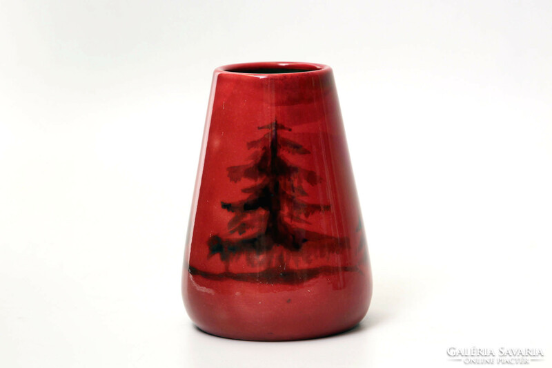 Zsolnay vase with pine wood round seal 7807 | red oxblood eosin pine Christmas tree