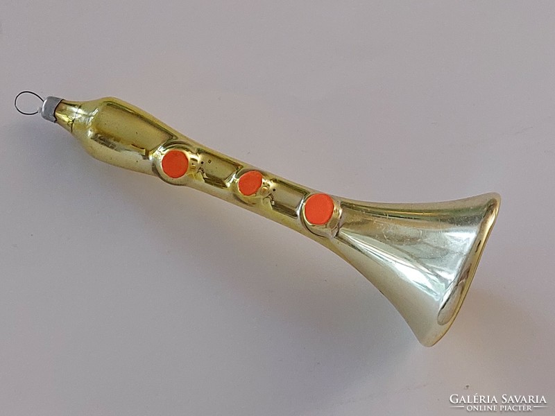 Régi üveg karácsonyfadísz arany hangszer üvegdísz nagy trombita