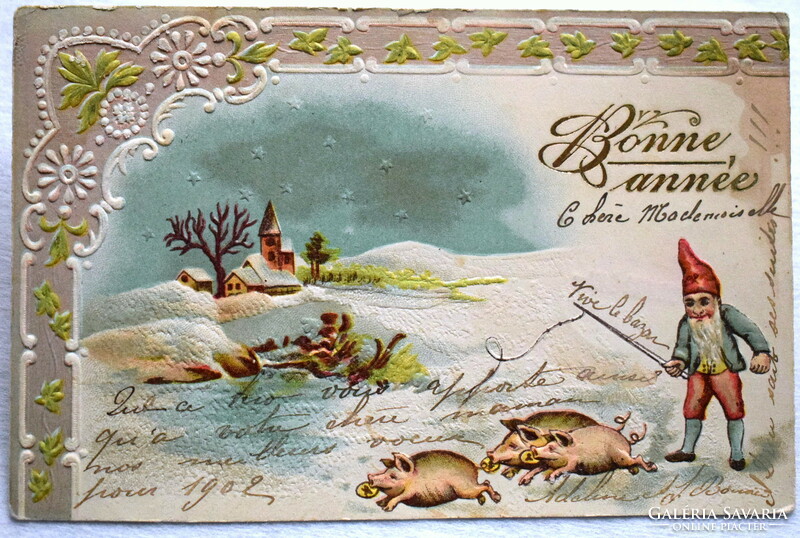 Antik dombornyomott Újévi  üdvözlő képeslap - malacok és törpe ostorral  1901ből