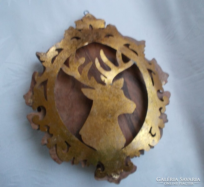 Wood and metal wall decoration with deer and hunting scene