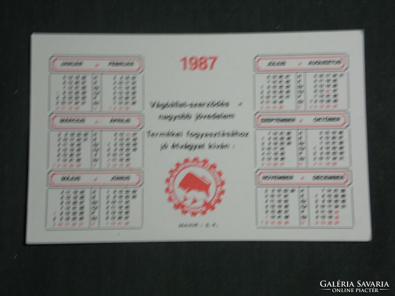 Kártyanaptár, Heves megyei állatforgalmi húsipari vállalat, Gyöngyös, 1987,   (3)
