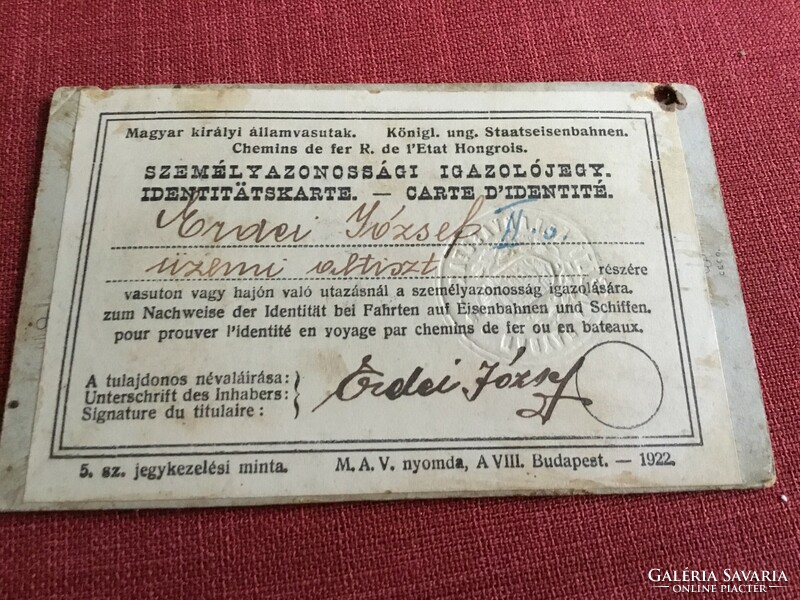 Személyazonossági igazolójegy 1922 -ből, Magyar Királyi Államvasutak