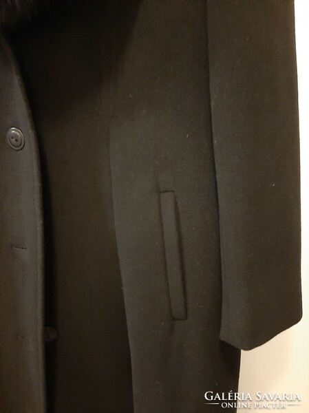 New, long wool winter coat, elegant classic, with a huge black real fur collar