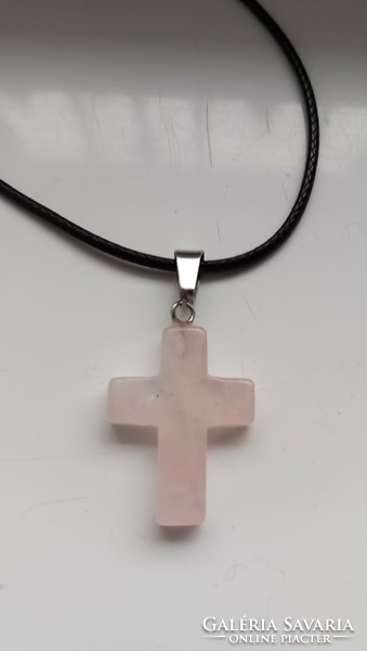 Natural rose quartz cross necklace.